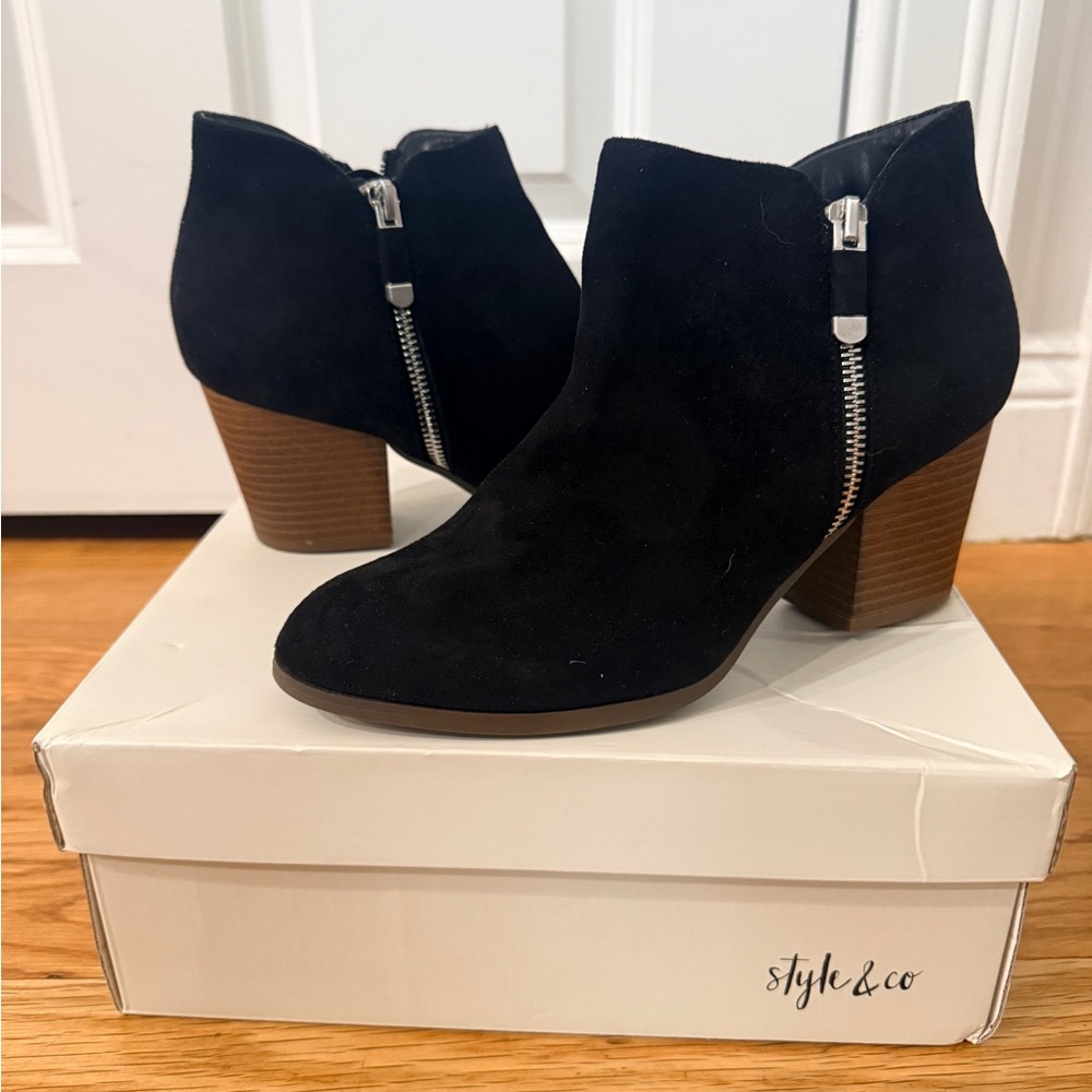 Style & Co Black Suede Ankle Booties | Block Heel Zip Boots | Women’s 7.5